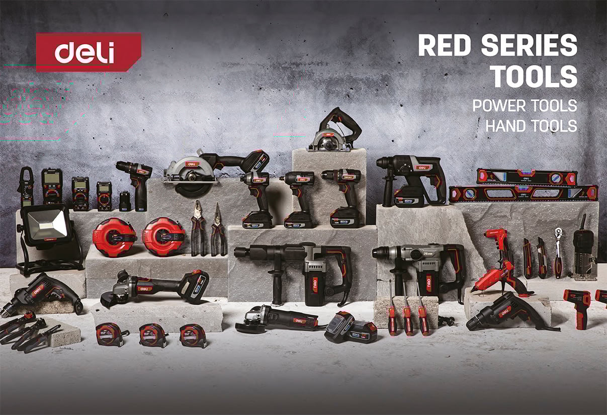 Deli-Tools-punainen-sähkötyökalu-sarja-ammattikäyttöön