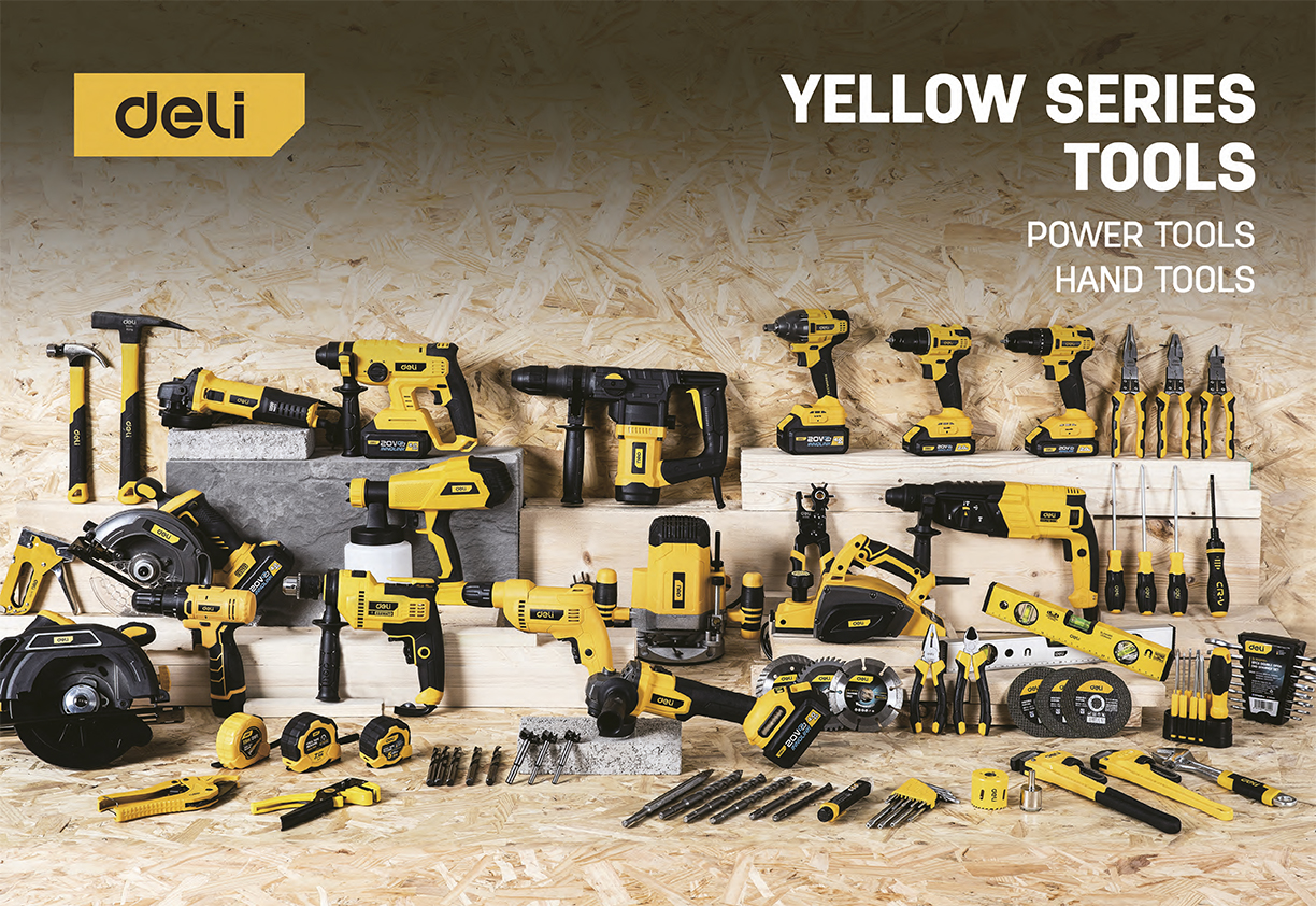 Deli-Tools-keltaine-sähkötyökalusarja-koti-ja-harrastekäyttöön